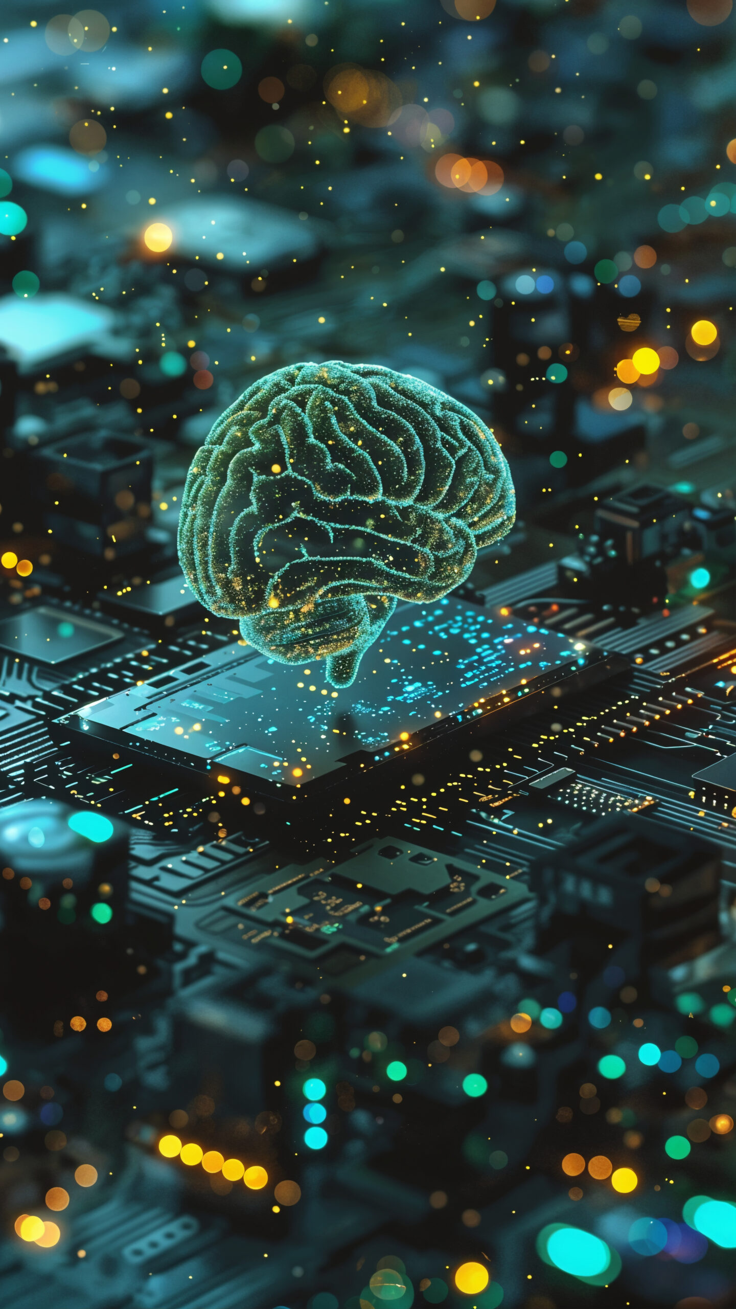 Representación digital de un cerebro flotante sobre un chip de computadora, rodeado de luces y circuitos que simbolizan la inteligencia artificial.