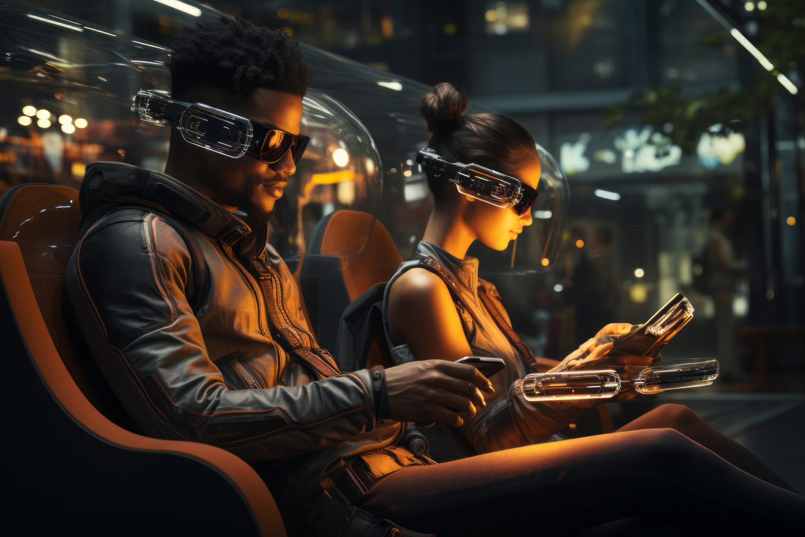 Dos personas con gafas de realidad aumentada viajan en un vehículo futurista autónomo dentro de una ciudad iluminada por luces tecnológicas.