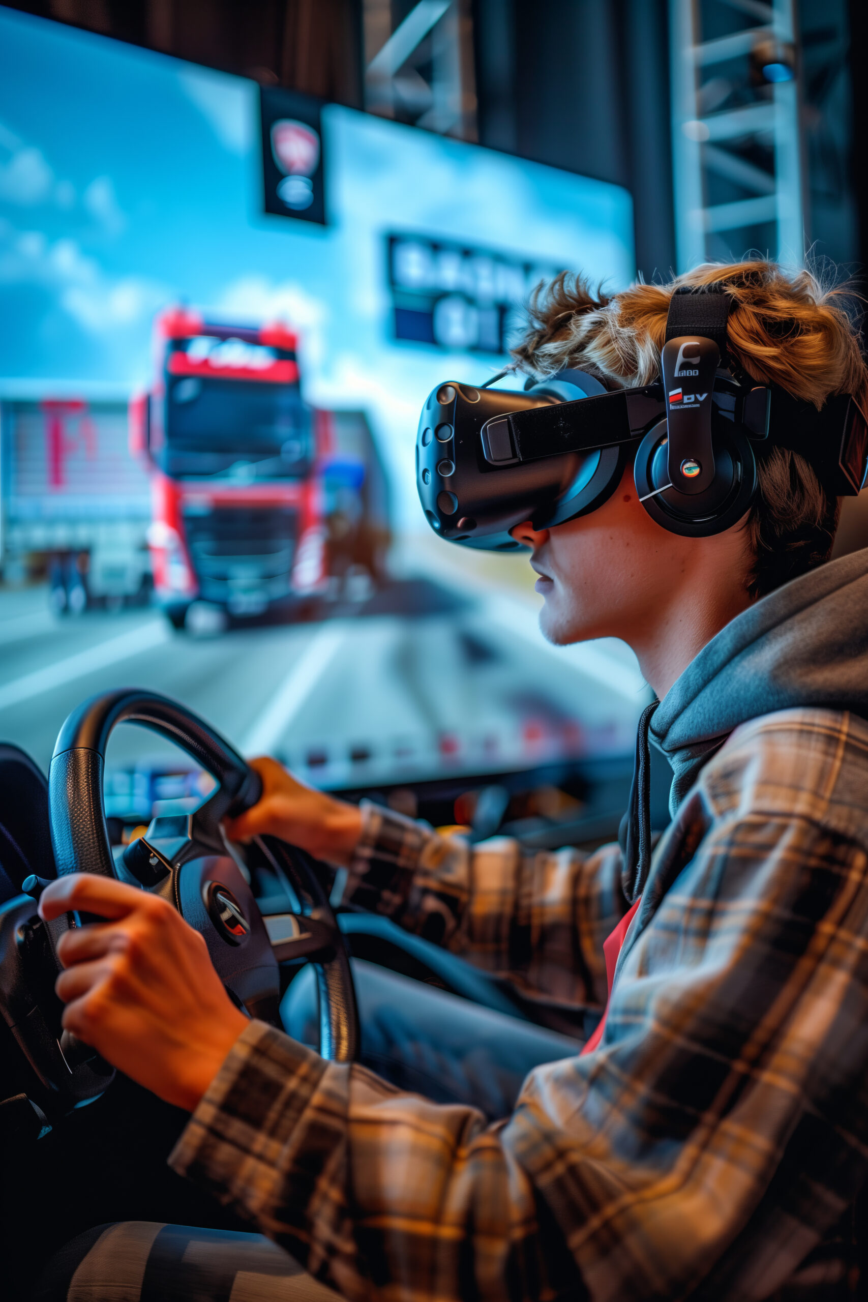 Joven utilizando gafas de realidad virtual y auriculares mientras maneja un simulador de conducción con un volante frente a una pantalla envolvente.
